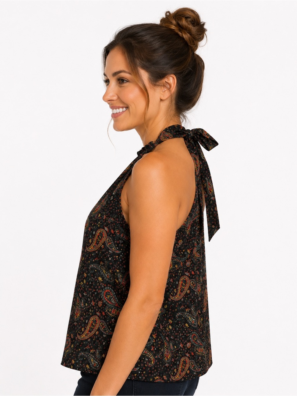 J Crew Sleeveless Paisley Halter Top in Black with Multicolor Print